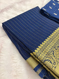 Navy Blue Stripes Viscose Saree with Matching Work Blouse SALE