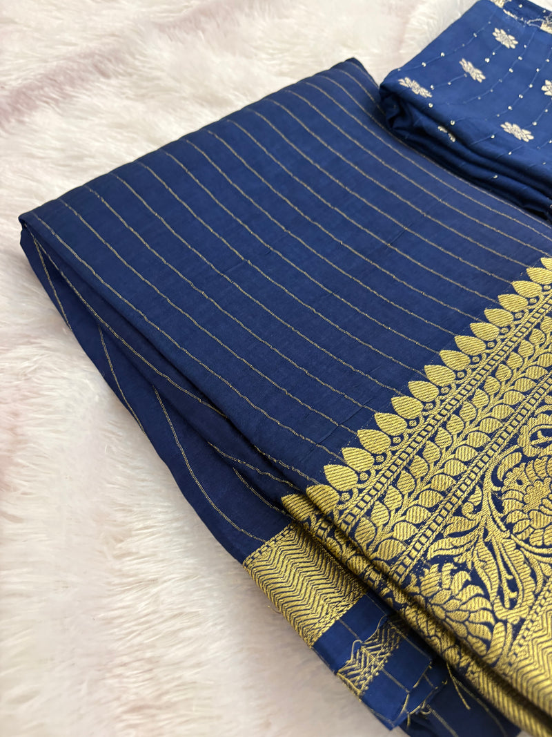 Navy Blue Stripes Viscose Saree with Matching Work Blouse SALE