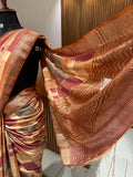 Abstract Square Box Print Chander Mul Saree - Beige Maroon JU25
