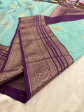 Sapphire Blue x Purple Semi Silk Saree with Chex Pattern and Leaf Butta