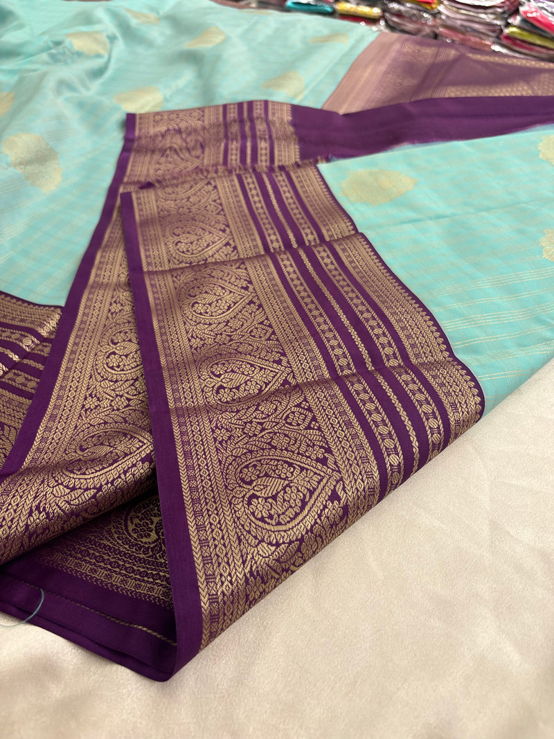 Sapphire Blue x Purple Semi Silk Saree with Chex Pattern and Leaf Butta
