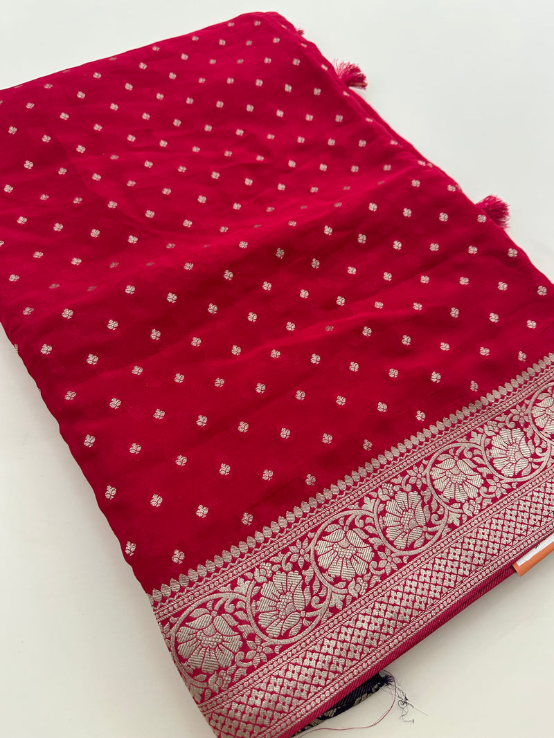Rani Pink Chinon Georgette Saree with Silver Butti and Grand Leaf Pallu JU24