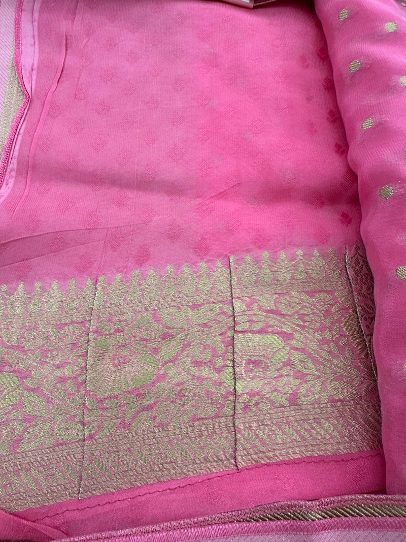 Yellow Pink Shade Georgette Designer Saree with Small Gold Butta JU24