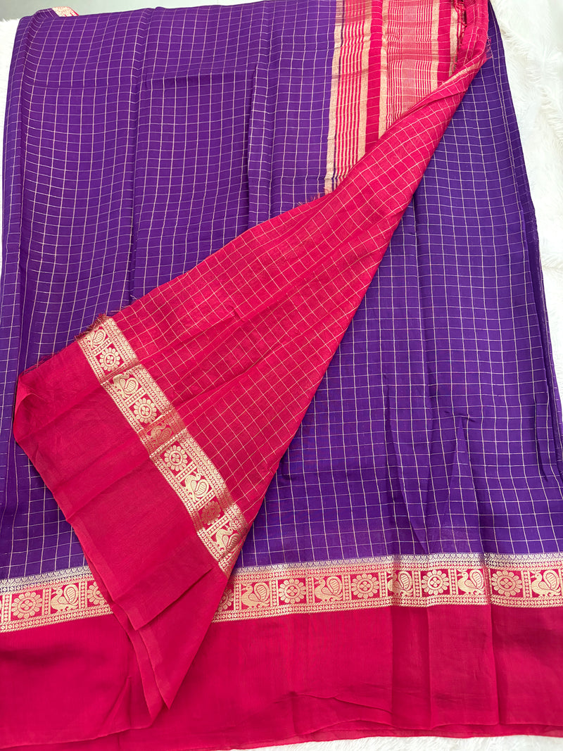 Purple x Pink Chex Pattern Assam Silk Saree with Pink Chex Blouse SALE