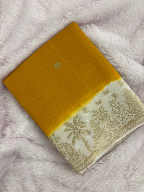 Yellow x Cream Viscose Silk Saree with Kalamkari Border and Stripe Butta Design SALE