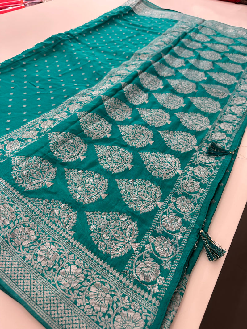 Sapphire Blue Chinon Georgette Saree with Silver Butti and Grand Leaf Pallu JU24