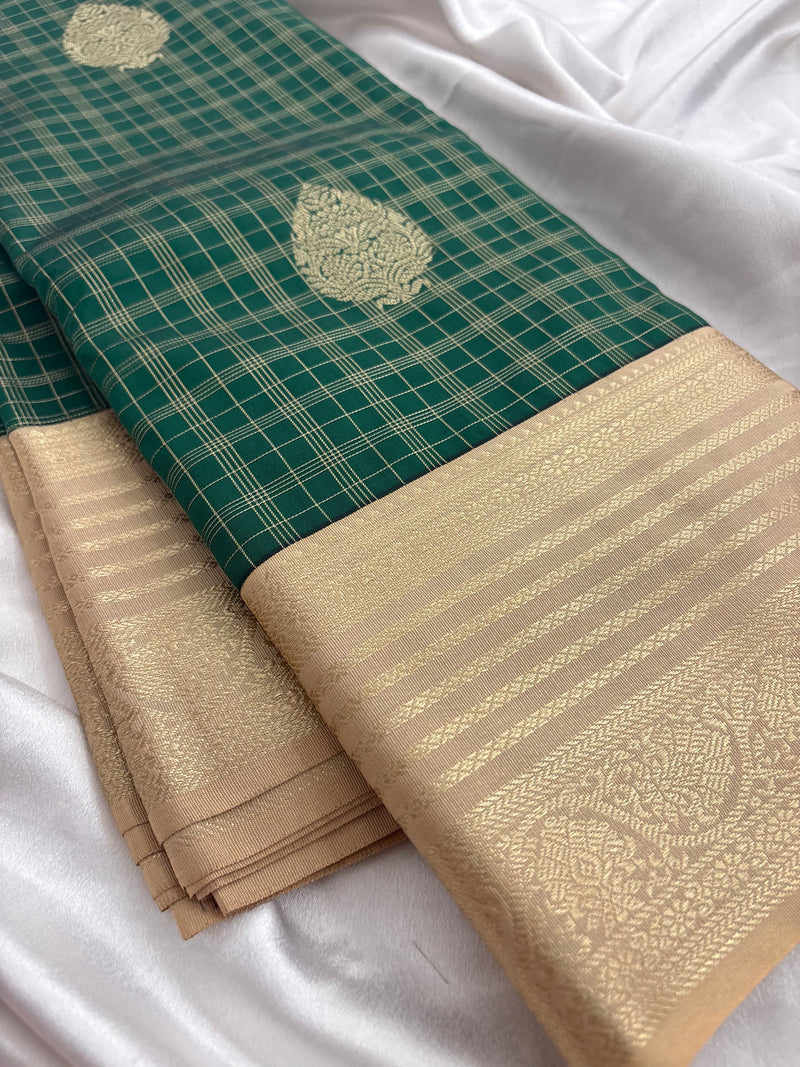 Bottle Green x Cream Semi Silk Saree with Chex Pattern and Leaf Butta