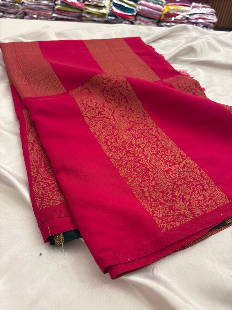 Rani Pink x Bottle Green Soft Cotton Designer Saree with Box Pattern and Zari
