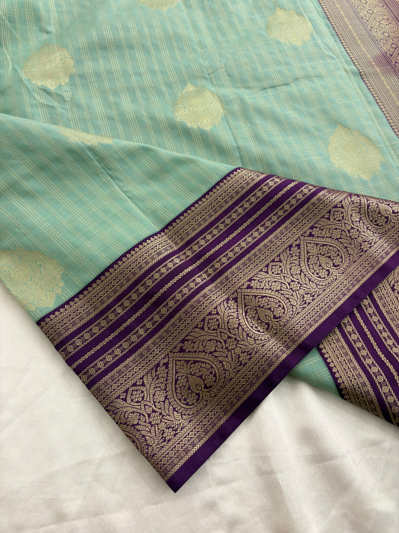 Pastel Blue x Purple Semi Silk Saree with Chex Pattern and Leaf Butta