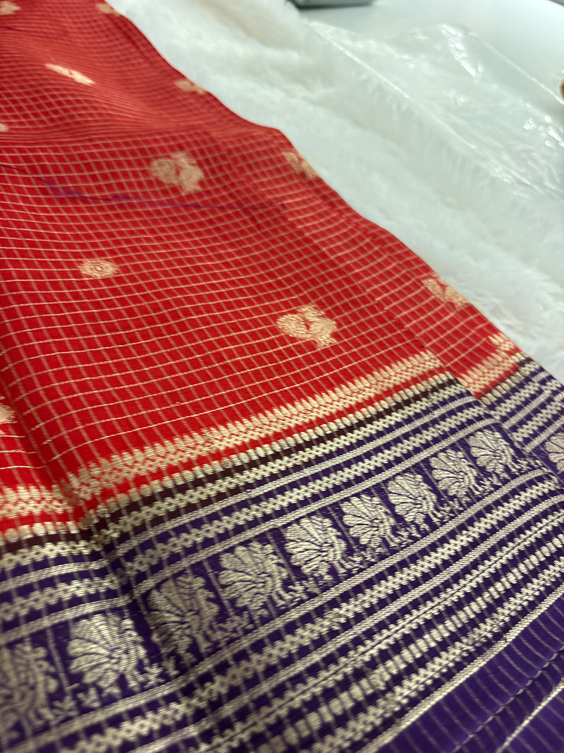 Orange into Purple Viscose Checks Saree with Peacock Butta SALE