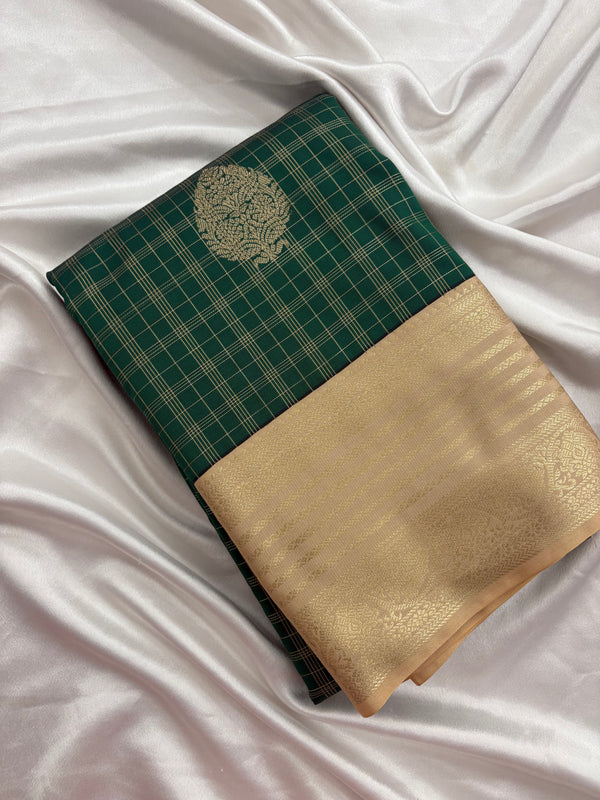 Bottle Green x Cream Semi Silk Saree with Chex Pattern and Leaf Butta-AU1
