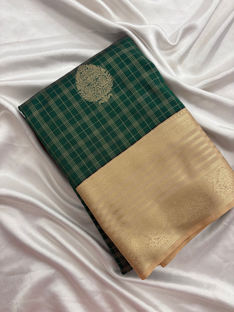 Bottle Green x Cream Semi Silk Saree with Chex Pattern and Leaf Butta