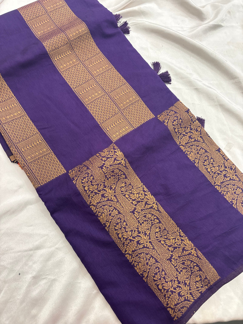 Purple x Orange Soft Cotton Designer Saree with Box Pattern and Zari