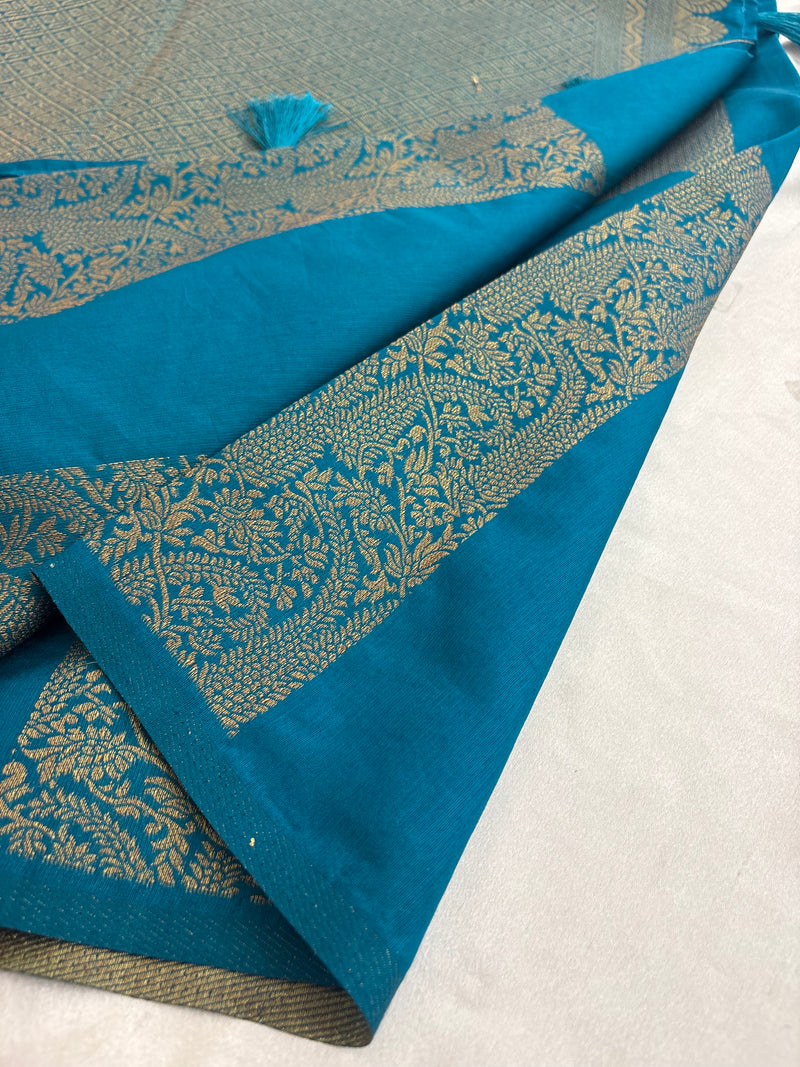 Rama Blue x Purple Soft Cotton Designer Saree with Box Pattern and Zari
