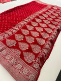 Red Chinon Georgette Saree with Silver Butti and Grand Leaf Pallu JU24