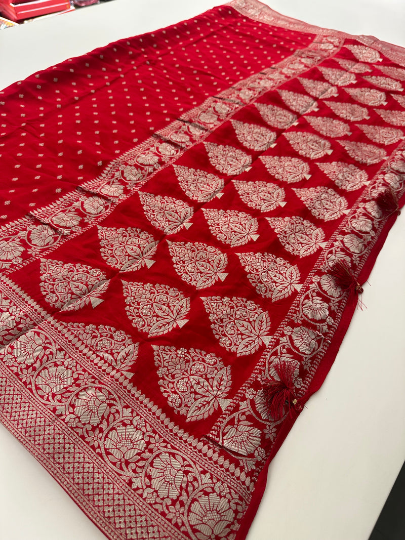 Red Chinon Georgette Saree with Silver Butti and Grand Leaf Pallu JU24