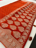Rust Orange Chinon Georgette Saree with Silver Butti and Grand Leaf Pallu JU24