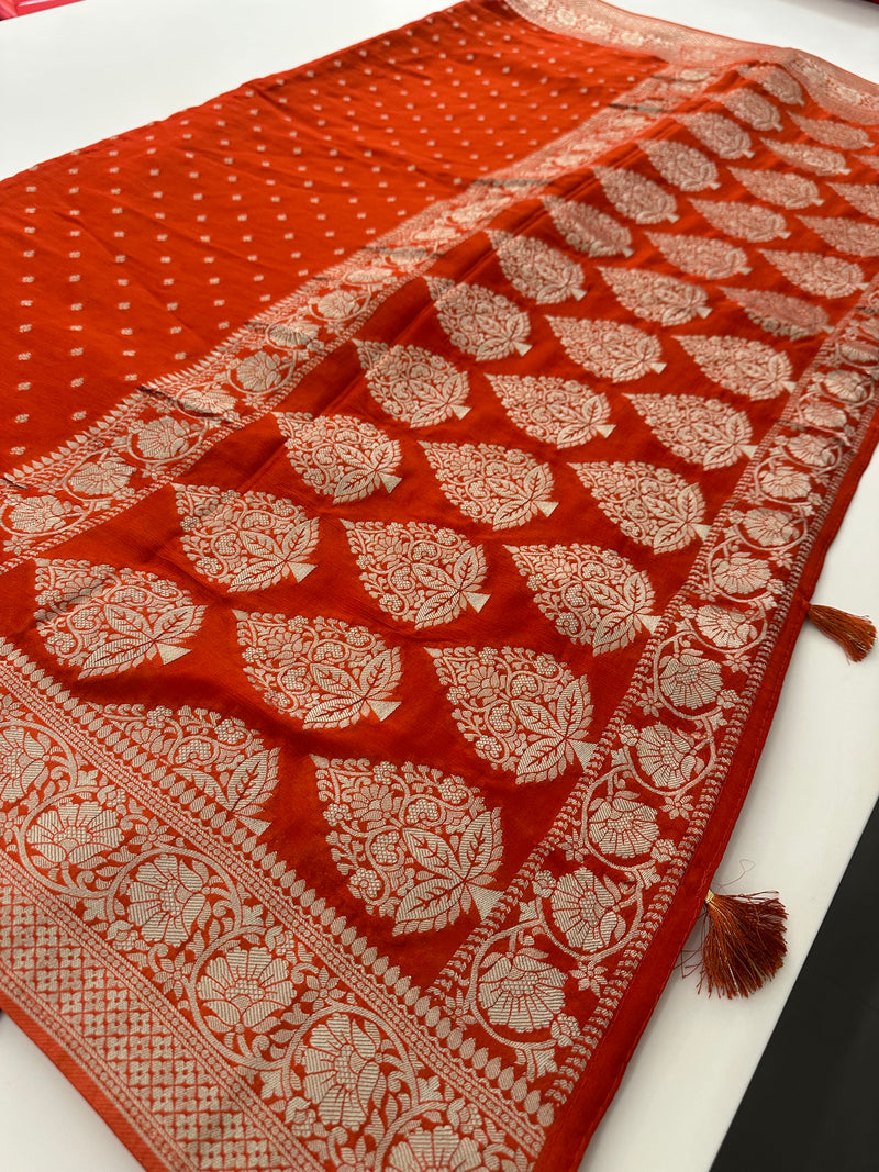 Rust Orange Chinon Georgette Saree with Silver Butti and Grand Leaf Pallu JU24
