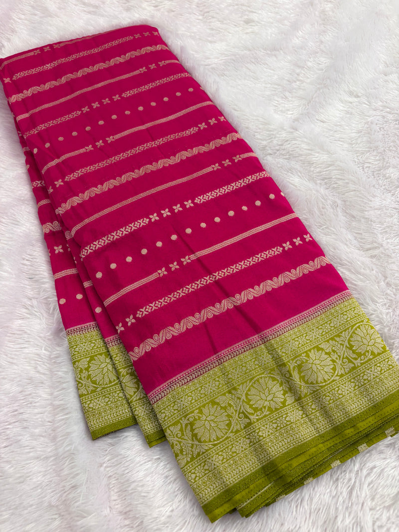 Pink x Green Viscose Silk Saree with Lines and Butta Pattern SALE