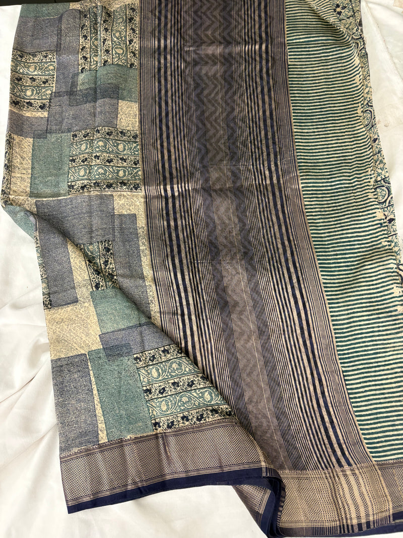 Abstract Square Box Print Chander Mul Saree - Beige Blue JU25