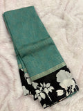 Pista Green x Black Assam Silk Saree with Floral Border and Striped Pallu SALE