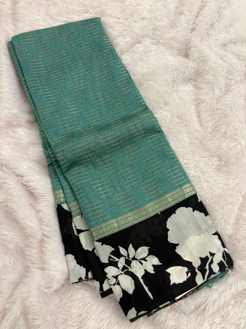 Pista Green x Black Assam Silk Saree with Floral Border and Striped Pallu SALE
