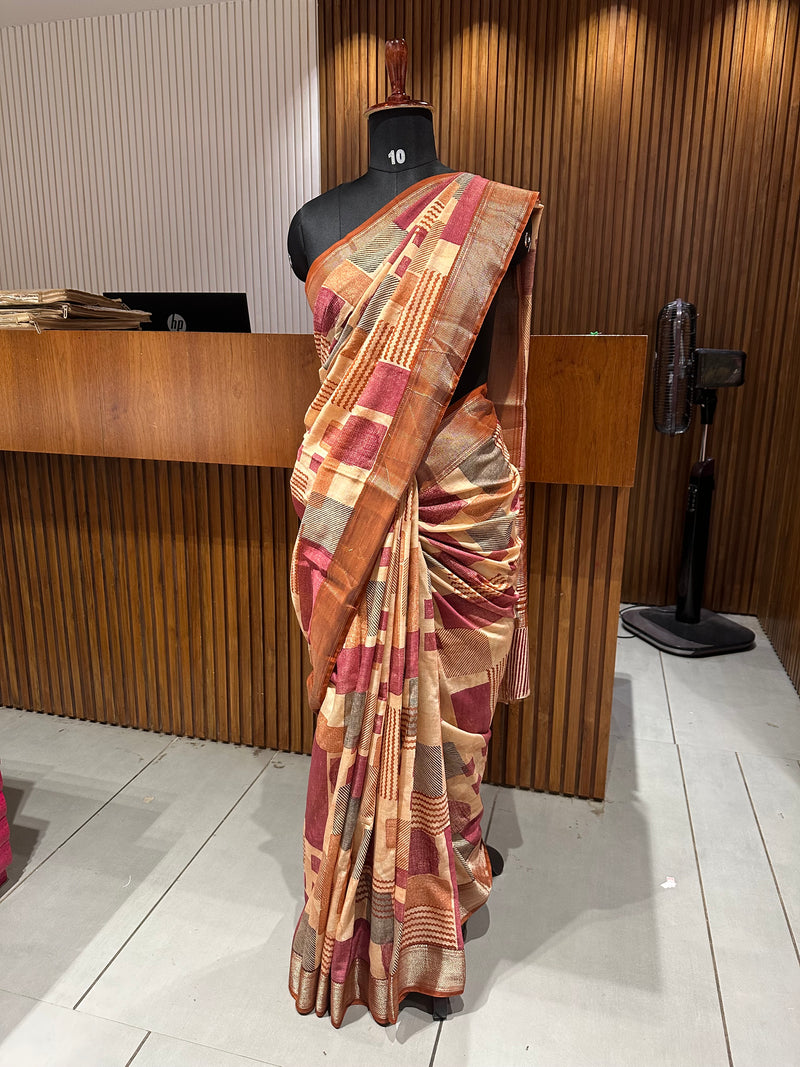 Abstract Square Box Print Chander Mul Saree - Beige Maroon JU25