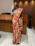 Abstract Square Box Print Chander Mul Saree - Beige Maroon JU25