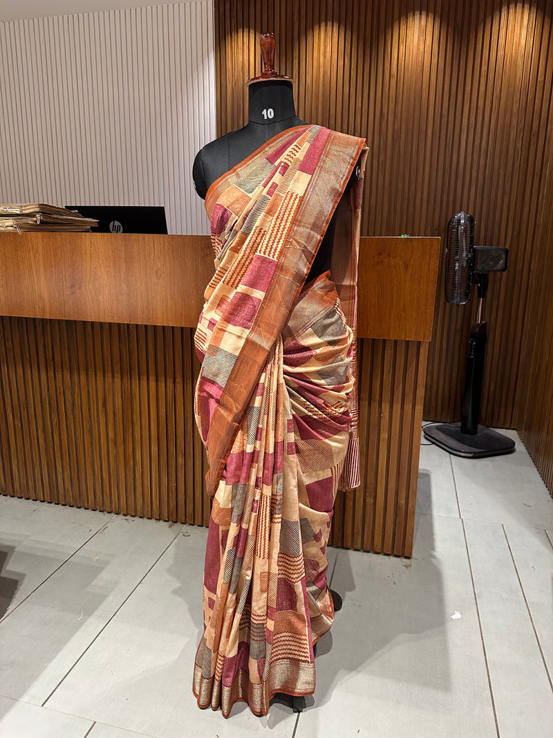Abstract Square Box Print Chander Mul Saree - Beige Maroon JU25