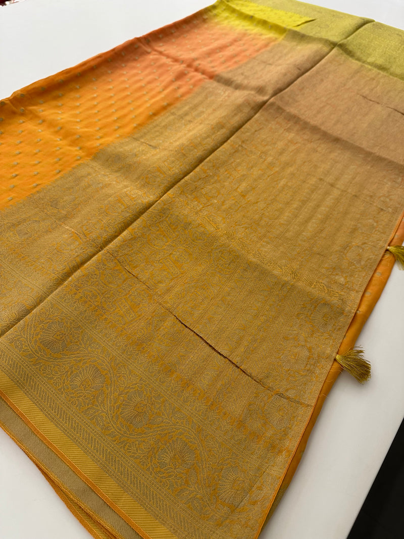 Yellow Orange Shade Georgette Designer Saree with Small Gold Butta JU24