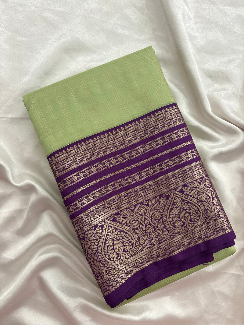 Pista Green x Purple Semi Silk Saree with Chex Pattern and Leaf Butta