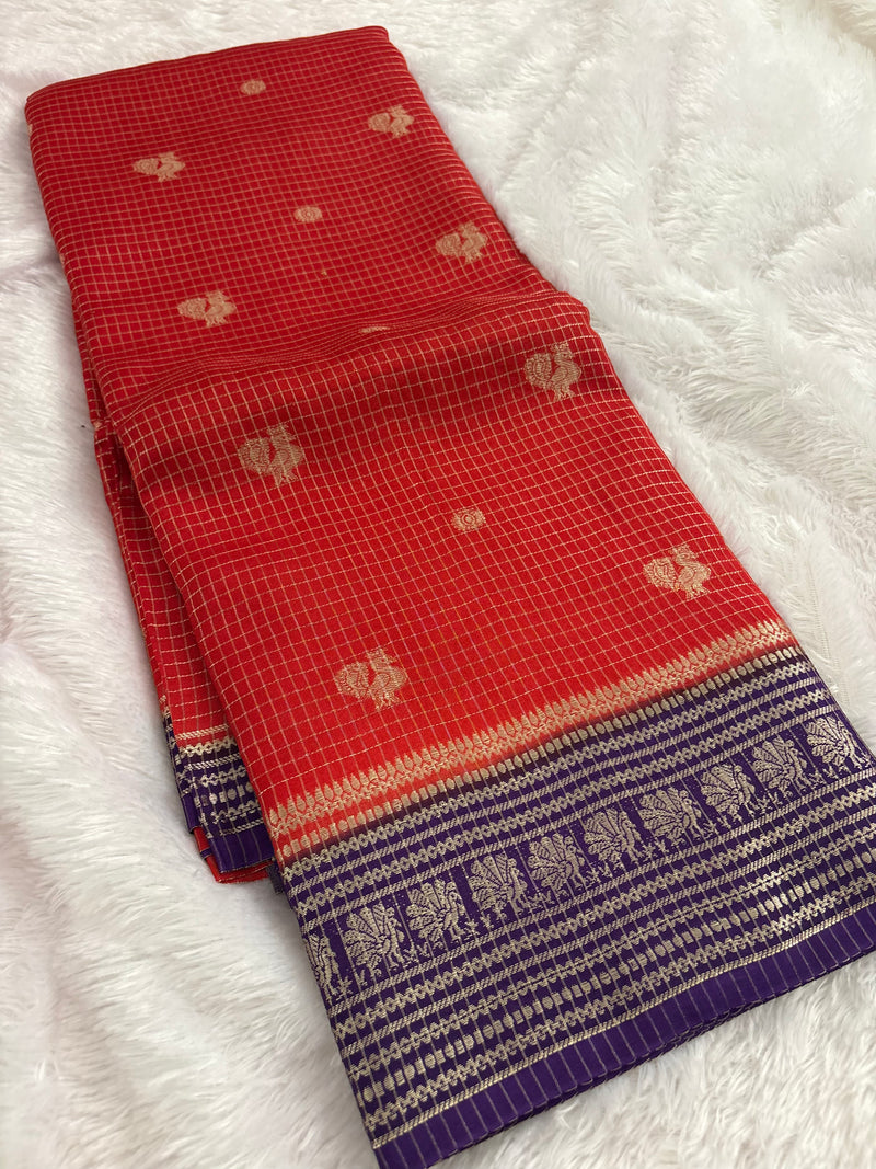 Orange into Purple Viscose Checks Saree with Peacock Butta SALE
