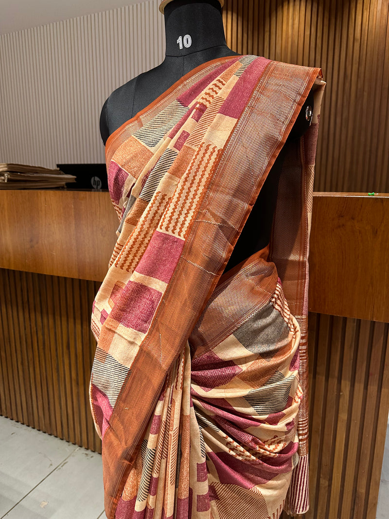 Abstract Square Box Print Chander Mul Saree - Beige Maroon JU25