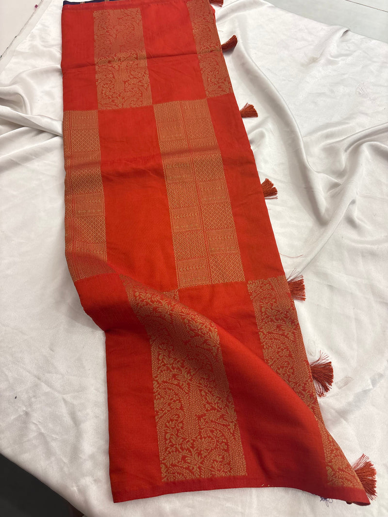 Orange x Purple Soft Cotton Designer Saree with Box Pattern and Zari
