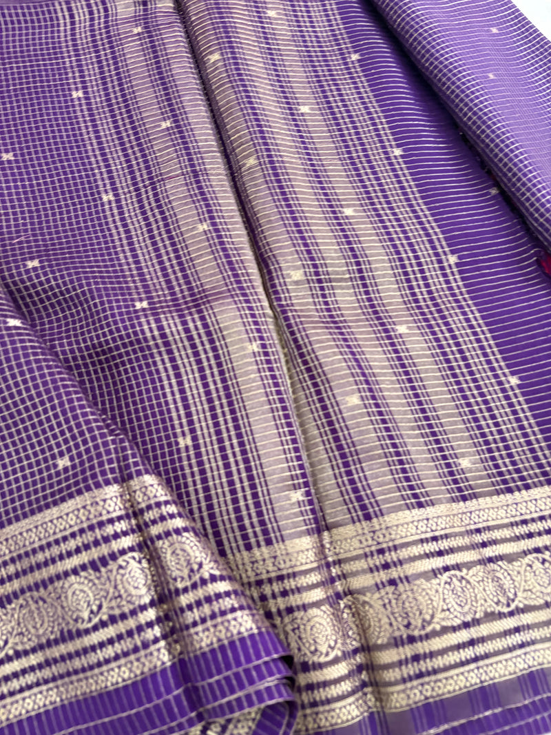 Purple Checks Saree with Golden Stripe Pallu and Contrast Pink Blouse SALE