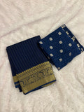 Navy Blue Stripes Viscose Saree with Matching Work Blouse SALE