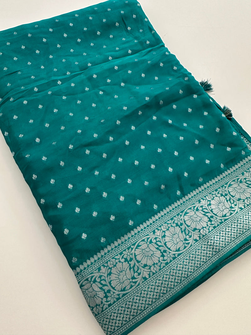 Sapphire Blue Chinon Georgette Saree with Silver Butti and Grand Leaf Pallu JU24