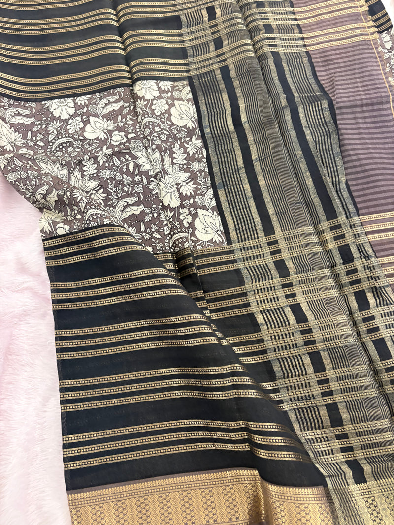 Black into Grey Floral Print Viscose Silk Saree SALE