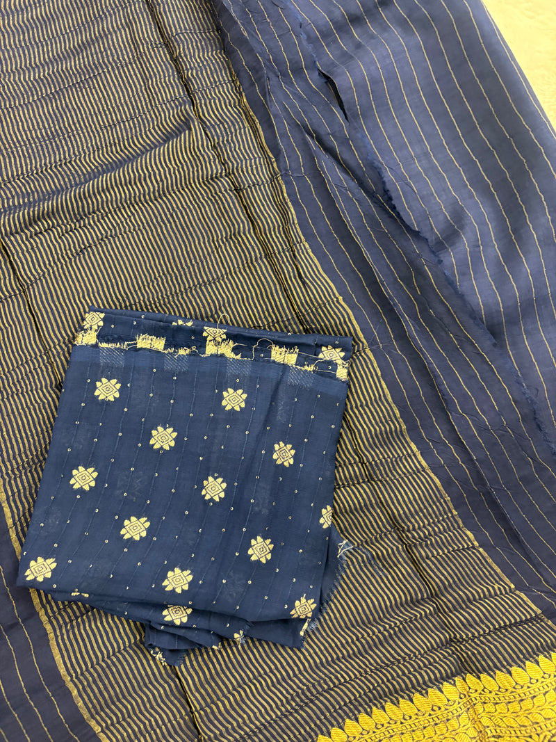 Navy Blue Stripes Viscose Saree with Matching Work Blouse SALE