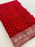 Red Chinon Georgette Saree with Silver Butti and Grand Leaf Pallu JU24