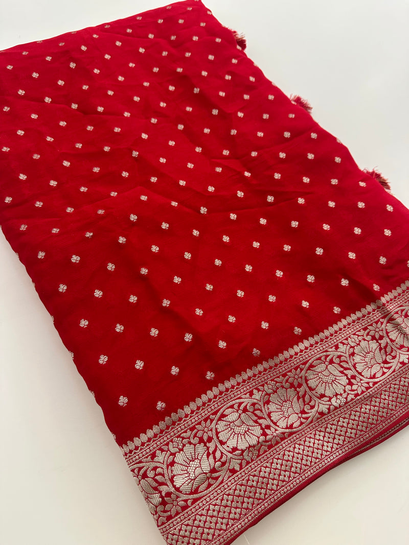 Red Chinon Georgette Saree with Silver Butti and Grand Leaf Pallu JU24