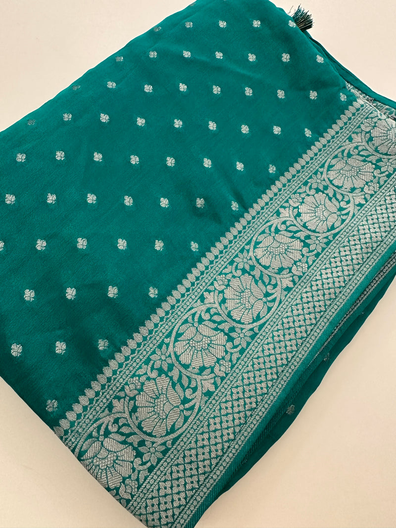 Sapphire Blue Chinon Georgette Saree with Silver Butti and Grand Leaf Pallu JU24