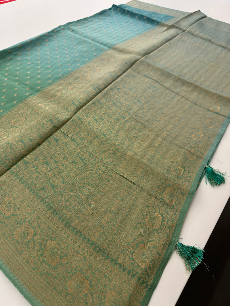Light Blue with Pista Green Shade Georgette Designer Saree with Small Gold Butta JU24