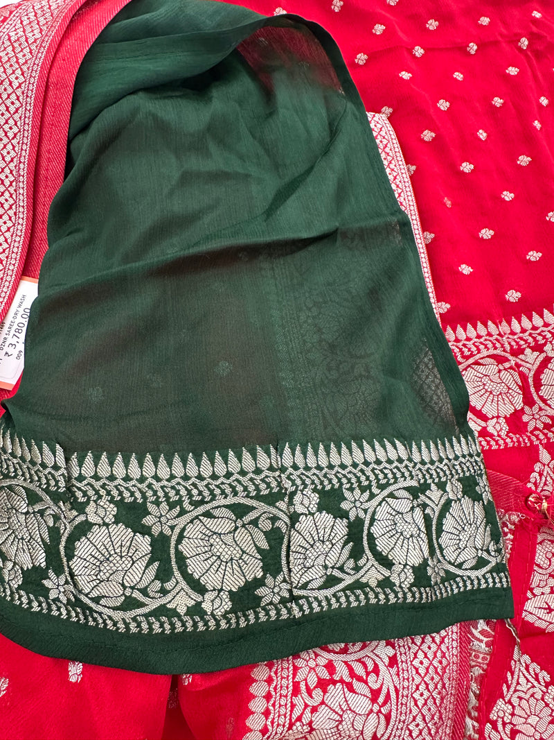 Red Chinon Georgette Saree with Silver Butti and Grand Leaf Pallu JU24