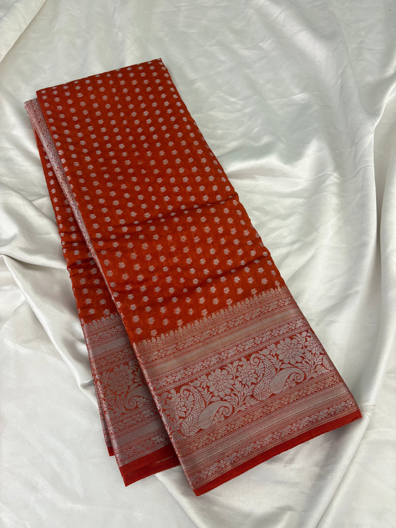 SAMITA - Rust Orange Silver Butta Soft Silk Designer Saree