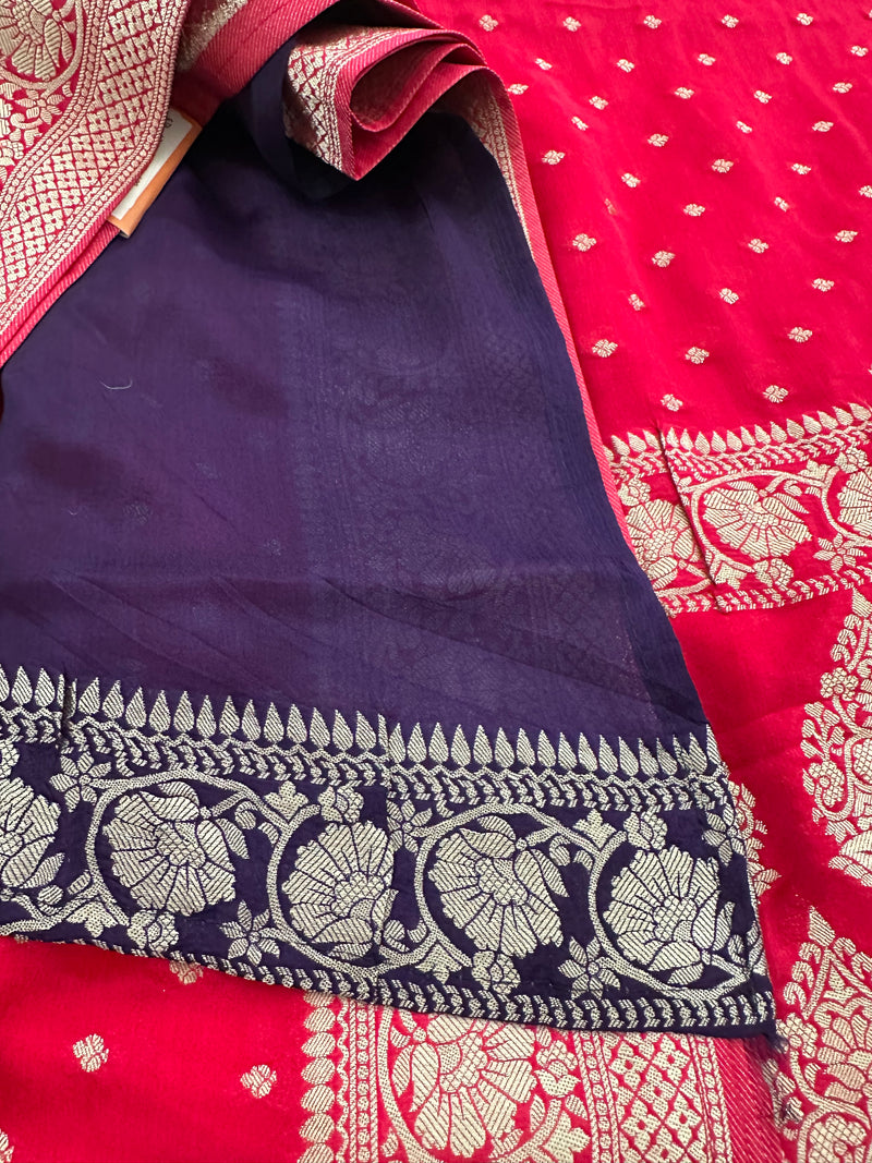 Rani Pink Chinon Georgette Saree with Silver Butti and Grand Leaf Pallu JU24