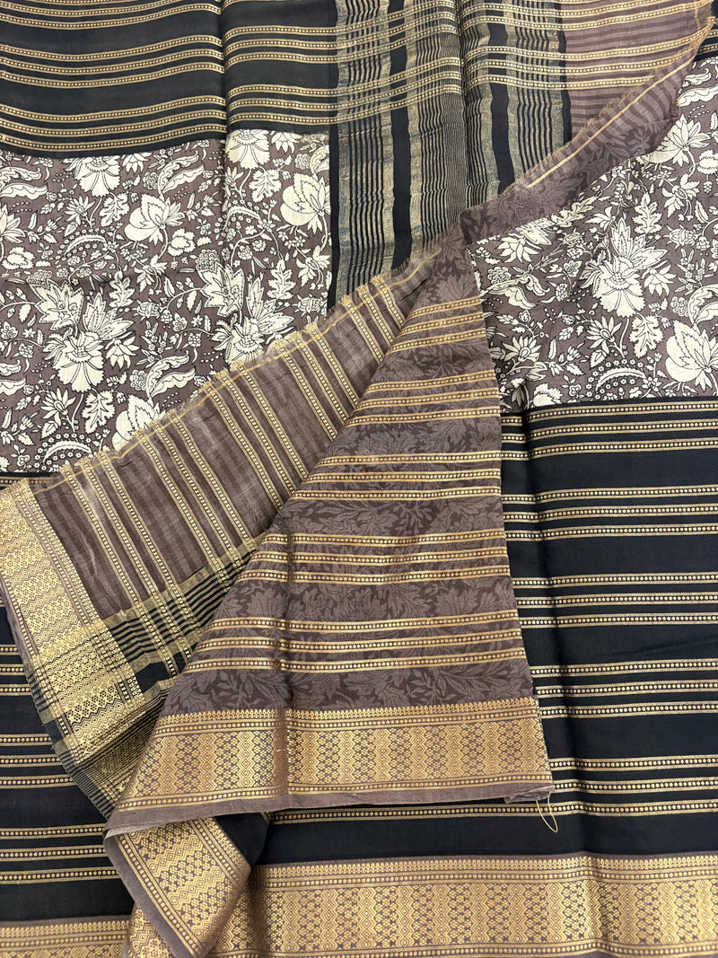 Black into Grey Floral Print Viscose Silk Saree SALE