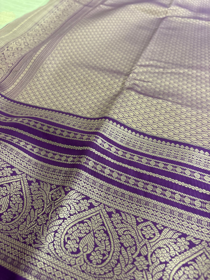 Pista Green x Purple Semi Silk Saree with Chex Pattern and Leaf Butta