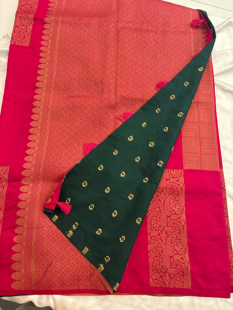 Rani Pink x Bottle Green Soft Cotton Designer Saree with Box Pattern and Zari