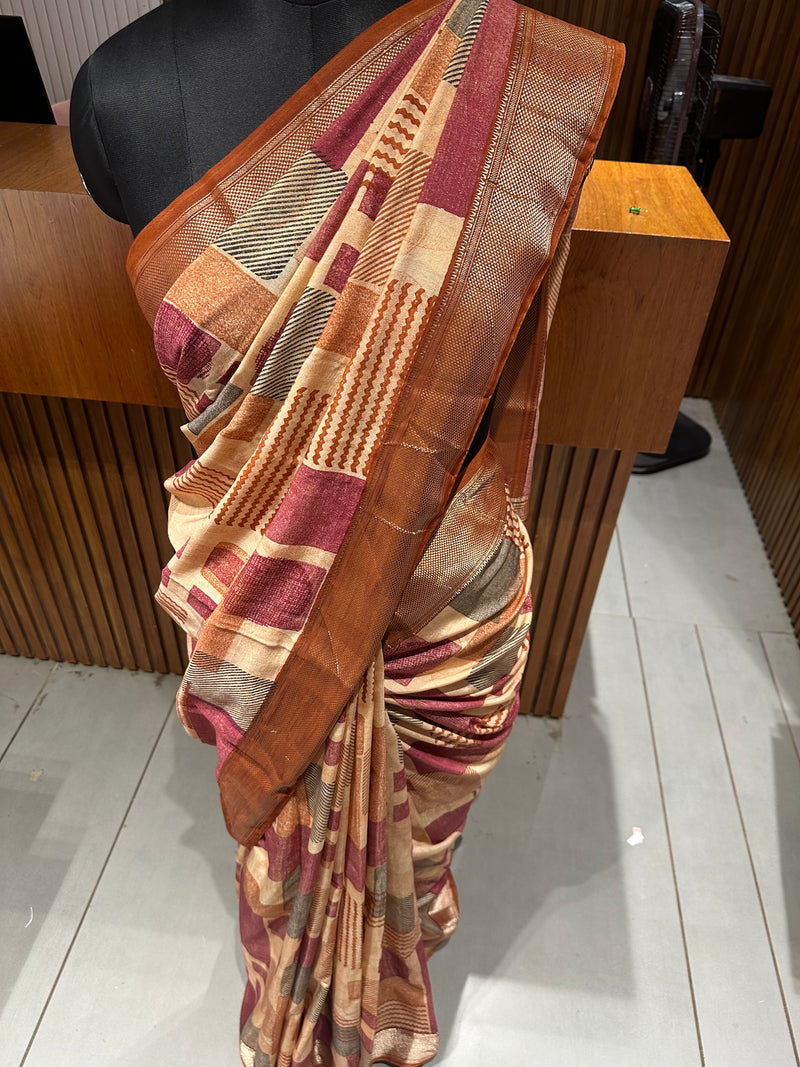Abstract Square Box Print Chander Mul Saree - Beige Maroon JU25
